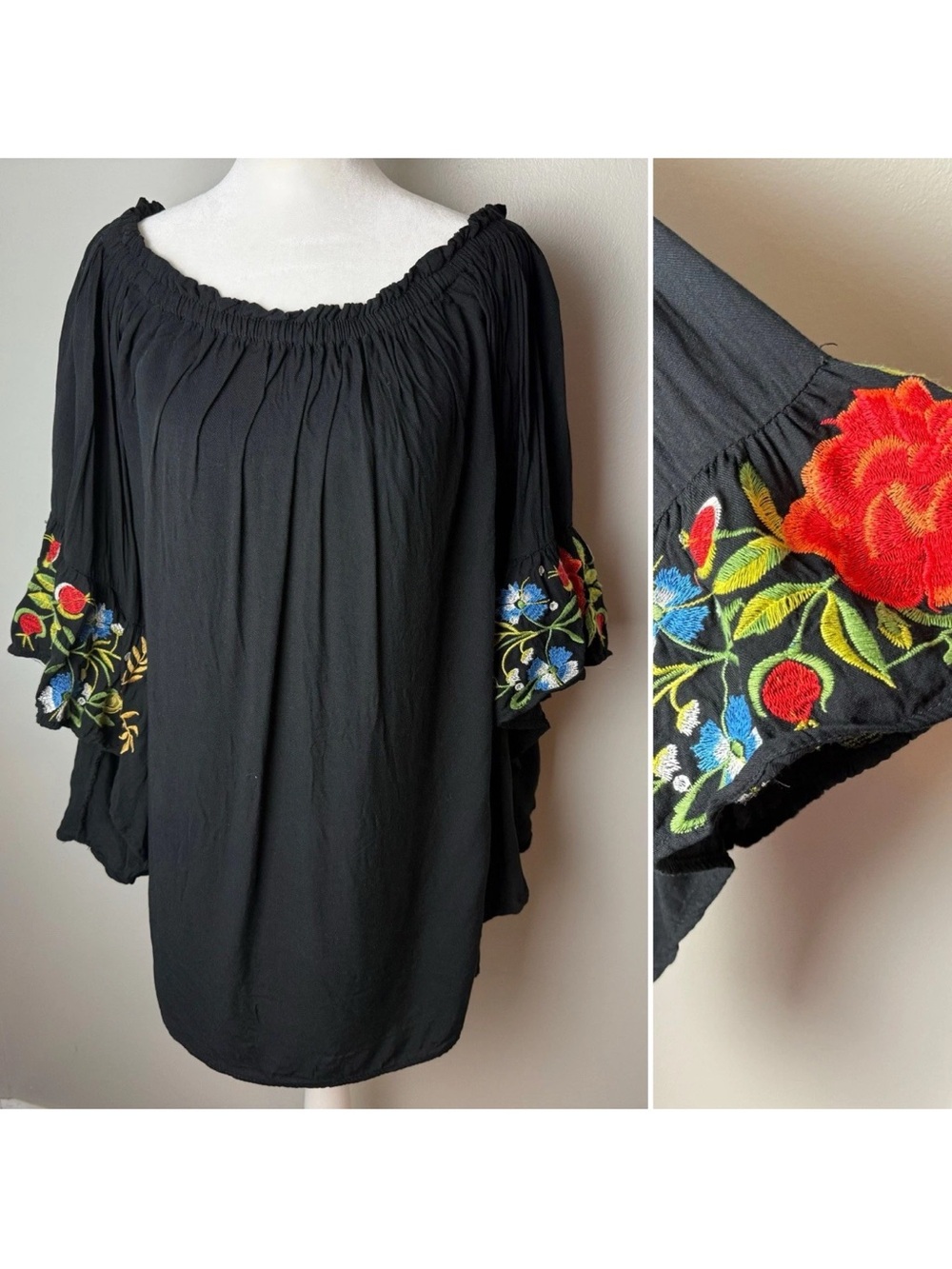 Umgee USA Top Sz Medium Black Embroidered Floral Bell Sleeves Off Shoulder Boho